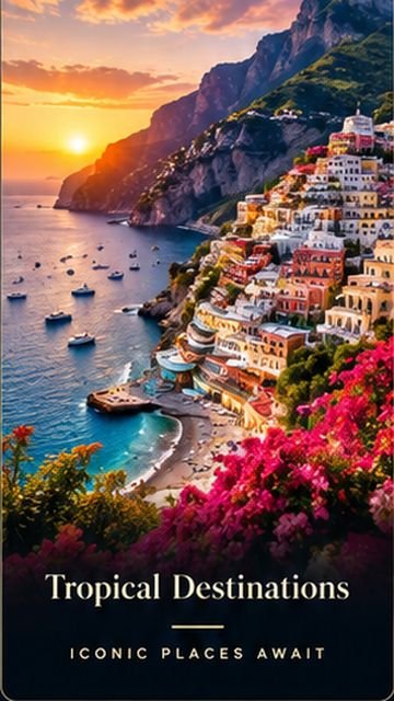 Tropical destinations — a cliffside town glowing above the bay at sunset, from the 2500+ Luxury Travel & Nature Reels collection