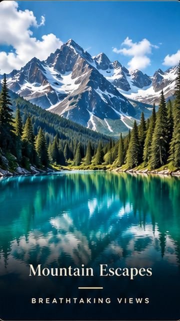 Mountain escapes — snow-capped peaks and pine forest mirrored in a still lake, from the 2500+ Luxury Travel & Nature Reels collection