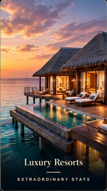 Luxury resorts — an overwater villa lit at sunset with a private deck and pool, from the 2500+ Luxury Travel & Nature Reels collection