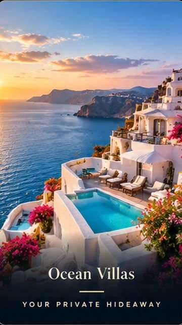 Ocean villas — a white clifftop villa and pool above the sea at sunset, from the 2500+ Luxury Travel & Nature Reels collection